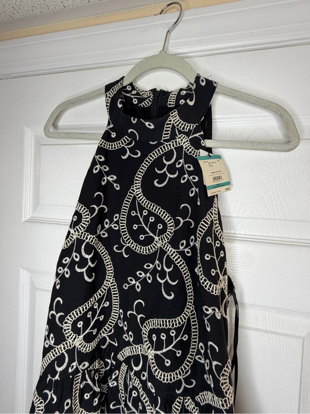 NWT Anne Klein Embroidered Halter Maxi Dress Belted Black Ivory Size 16 - Picture 9 of 11